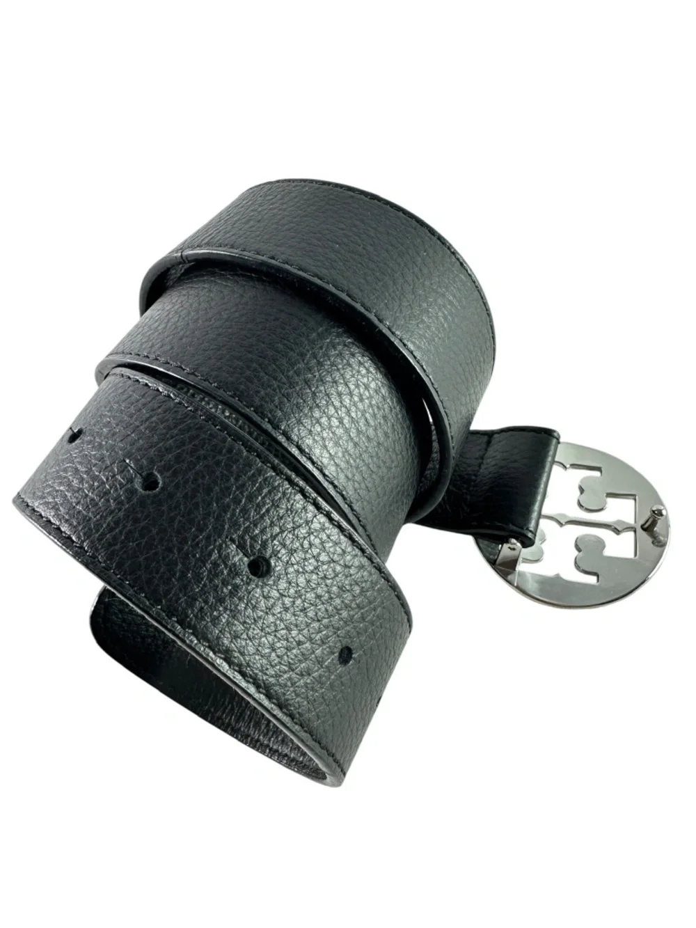 Genuine TORY BURCH Black Pebbled Leather Silver Logo Buckle Unisex Belt 32